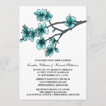 Small Aqua Simple Cherry Blossoms Wedding Invite Front View
