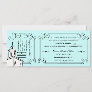 Small Aqua Typography Quote Chapel Ticket Wedding Front View
