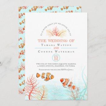 aquatic wedding coral and clown fish watercolor invitation