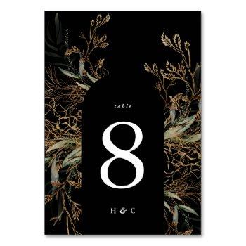 Small Arch Botanical Eucalyptus Golden Premium Black Table Number Front View