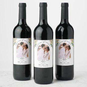 arch photo white gold floral wedding save the date wine label