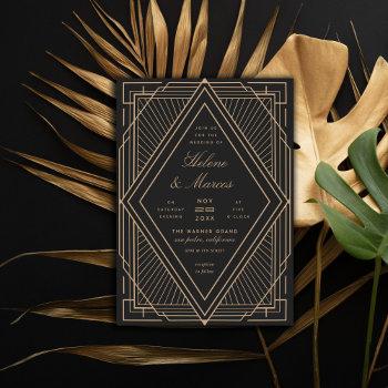 art deco diamond black and gold wedding invitation