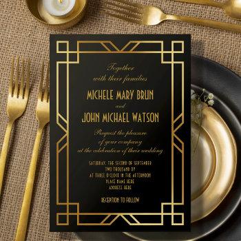 art deco elegant classic gold frame black wedding invitation