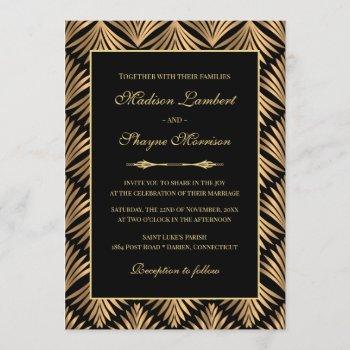 art deco floral black gold great gatsby wedding invitation