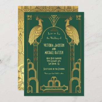 art deco peacock gold & black wedding invitation
