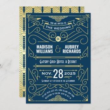 art deco wedding great gatsby elegant gold blue invitation