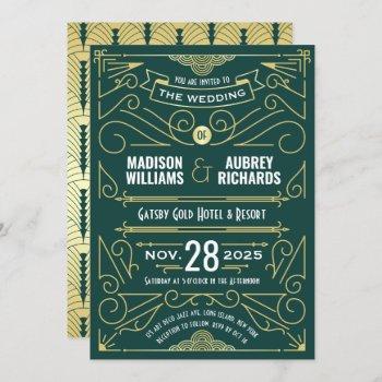 art deco wedding great gatsby elegant gold green invitation