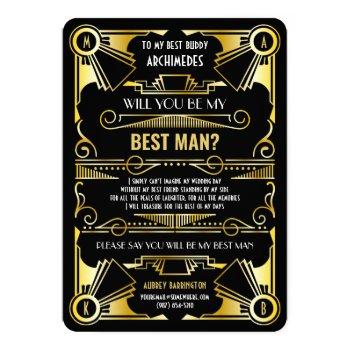Small Art Deco Will You Be My Best Man Gold & Black Front View