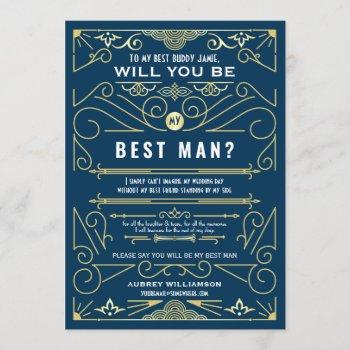 art deco will you be my best man gold blue wedding invitation