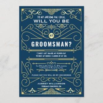 Small Art Deco Will You Be My Groomsman Gold Blue Front View