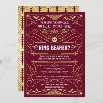 Small Art Deco Will You Be My Ring Bearer Gold Burgundy Front View