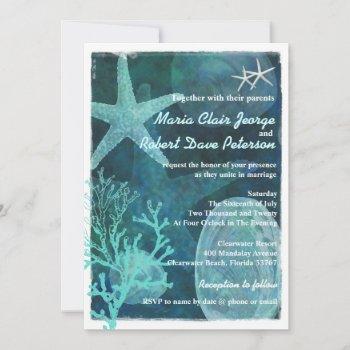 artistic seashells coral beach wedding invite