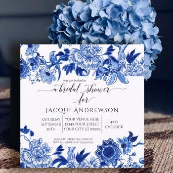 asian influence blue white floral bridal shower invitation