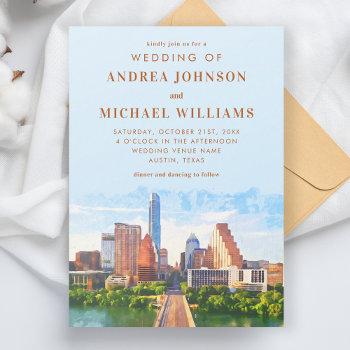 austin texas watercolor city skyline wedding invitation