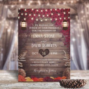 autumn burgundy leaves rustic lantern fall wedding invitation