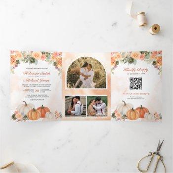 autumn fall pumpkin floral photo qr code wedding tri-fold invitation