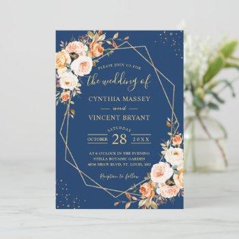 autumn floral navy blue gold geometric wedding invitation