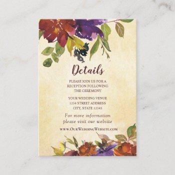 Small Autumn Floral Purple Burnt Orange Yellow Wedding Enclosure Card Front View