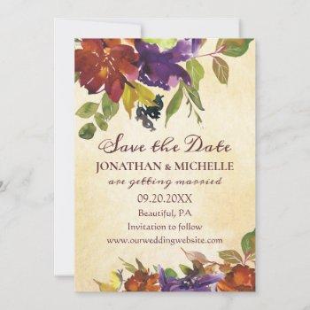 Small Autumn Floral Purple Orange Inspirational Wedding Save The Date Front View
