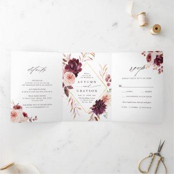autumn romance gold geometric frame wedding tri-fold invitation