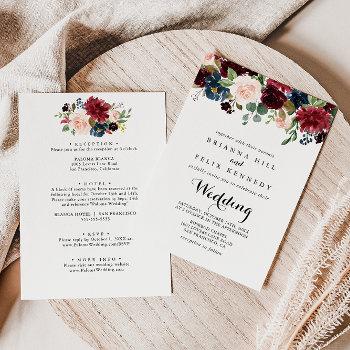 autumn rustic burgundy floral front & back wedding invitation