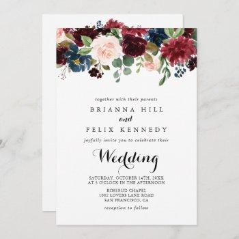 autumn rustic burgundy floral front & back wedding invitation