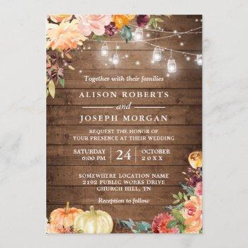 autumn rustic floral pumpkin string lights wedding invitation
