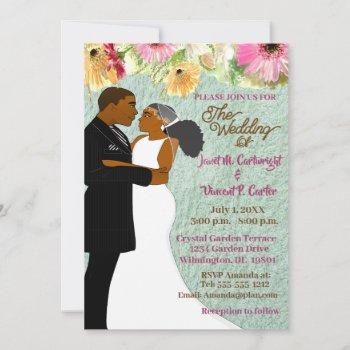 baby blue floral african american wedding couple invitation
