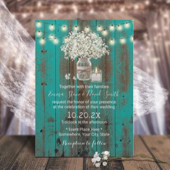 baby's breath floral jar rustic teal barn wedding invitation