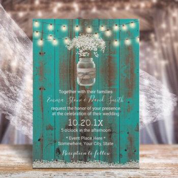 baby's breath floral rustic teal barn wood wedding invitation