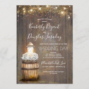 baby's breath wine barrel rustic lantern wedding invitation