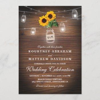backyard rustic mason jar sunflower lights wedding invitation