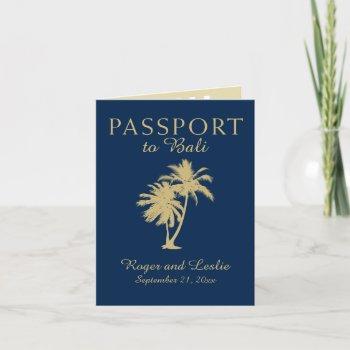 bali navy blue gold palm tree wedding passport  invitation