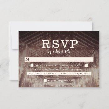 barn rafters with string lights rustic wedding rsvp card