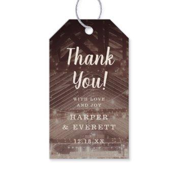 barn rafters with string lights wedding thank you gift tags