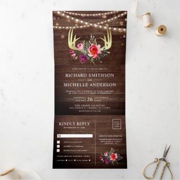 barn wood string lights floral gold antler wedding tri-fold invitation