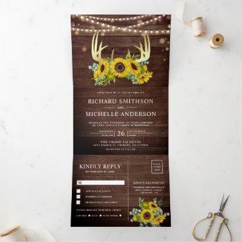 barn wood sunflowers floral gold antler wedding tri-fold invitation