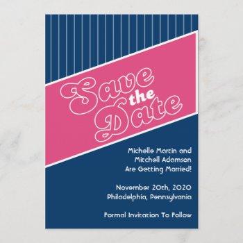Small Baseball Inspired Save The Date (pink / Navy Blue) Front View