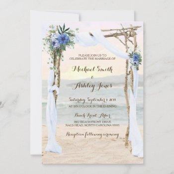 beach arbor sunset blue orchid wedding invitation
