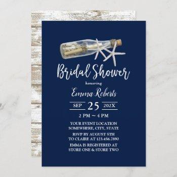 beach love message bottle navy blue bridal shower invitation