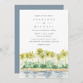 beach palm trees tropical watercolor wedding invitation
