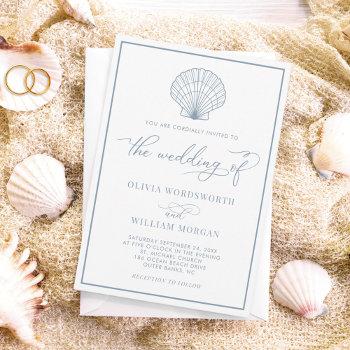 beach seashell elegant white dusty blue wedding invitation