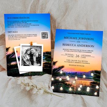 beach sunset string lights photo qr code wedding invitation