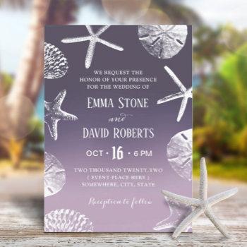 beach wedding starfish seashell dusty purple ombre invitation