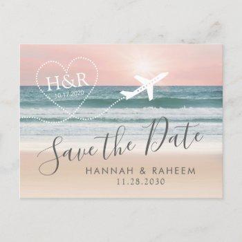 Small Beach Wedding Sunset Heart Airplane Save The Date Announcement Post Front View