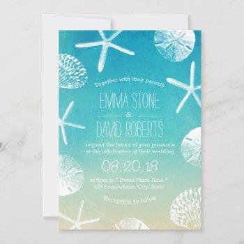 beach wedding watercolor starfish & seashells invitation