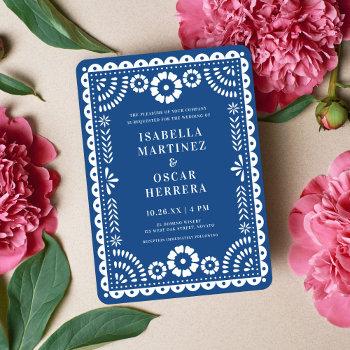 beautiful blue papel picado inspired wedding invitation