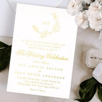 beautiful floral gold monogram sketched wedding foil invitation