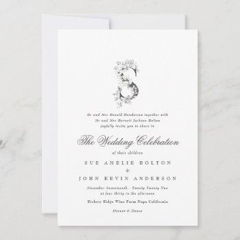 beautiful floral 's' monogram sketched wedding invitation