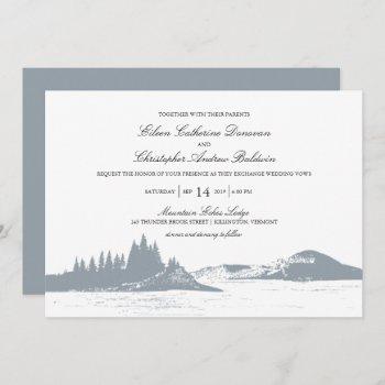 beautiful gray mountain pine trees lake | wedding invitation
